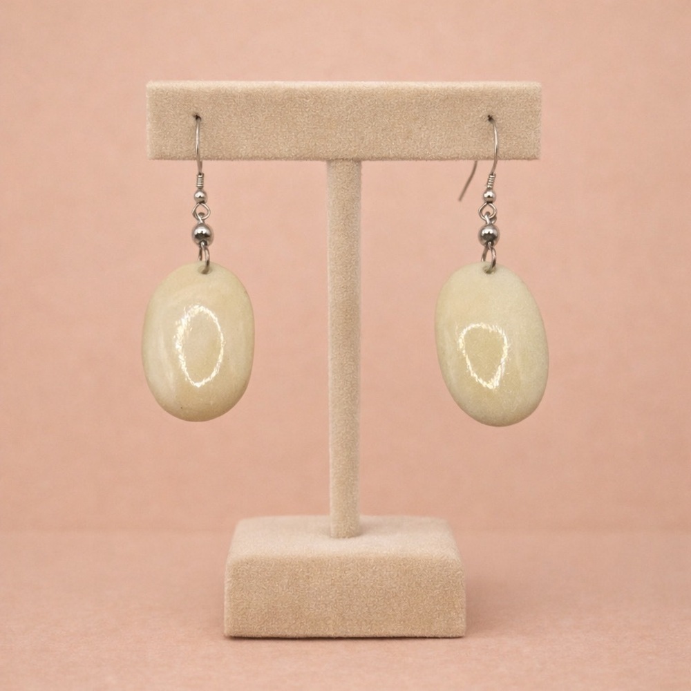 Ivory Oval Stone Dangle Earrings Minimalist Neutral Drop Earrings Silver Hooks